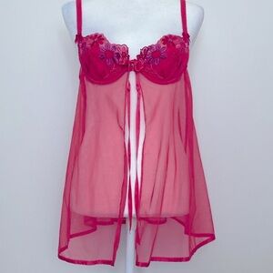 Victoria's Secret Red Daisy fly away Chemise with Sheer Mesh and Satin Finish